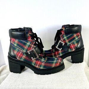Gianni Bini Plaid Combat Boots Chunky Heel Rhinestone Buckle Ankle Boots Size 9M